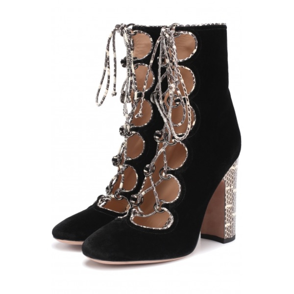 Valentino Garavani Black Corset Lace Up Velvet Ankle Boots